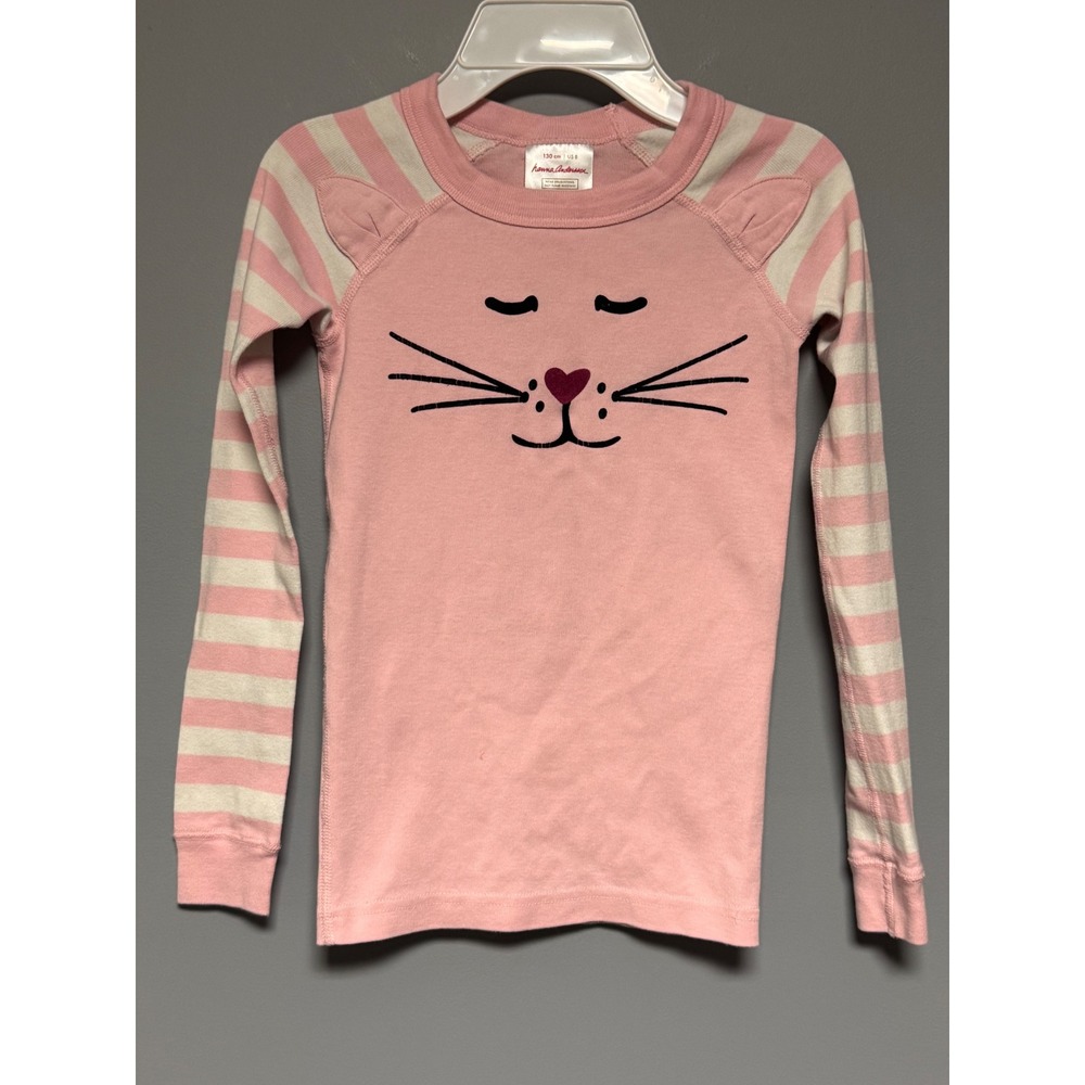 Hanna Andersson Girls Pink Cat Face Pajama Top Organic Cotton Striped Size 8 130